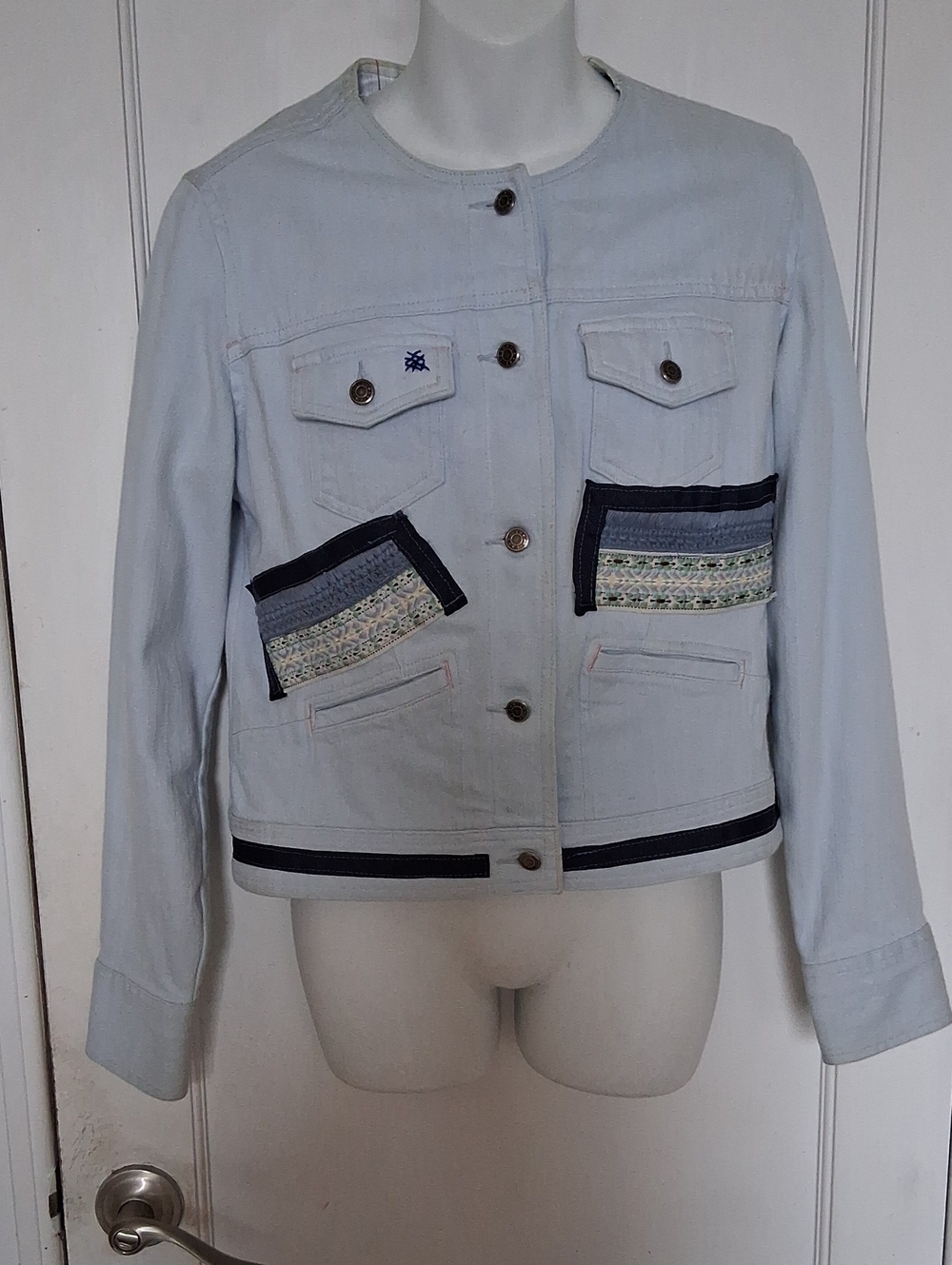 Light Blue Upcycled Embroidered Patch Pocket Jean Jacket
